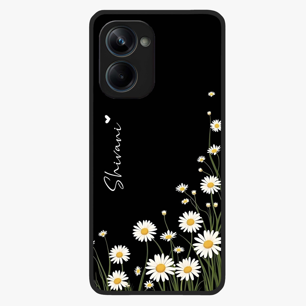 Daisy Cascade Custom Name Glass Case showing flat back view with cascading daisy flowers and personalized name design.