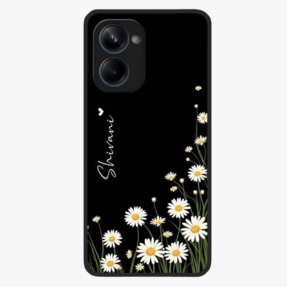 Daisy Cascade Custom Name Glass Case showing flat back view with cascading daisy flowers and personalized name design.