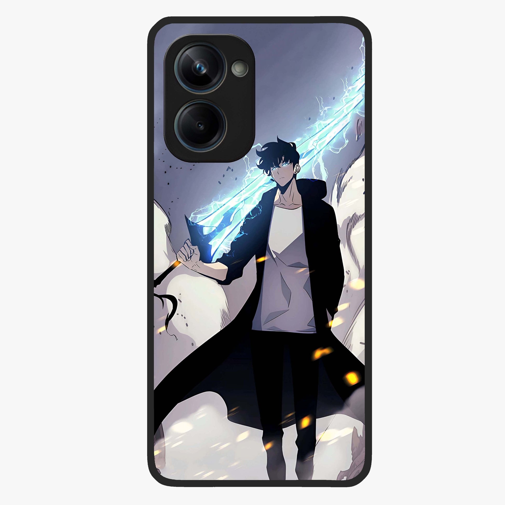 Dark Lightning Anime Warrior Glass Case showing flat back view with intense anime warrior artwork and glossy glass finish.