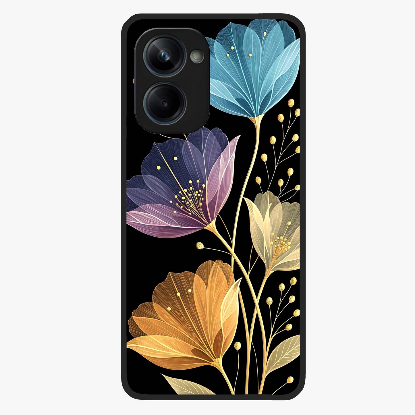 Delicate Multicolor Flowers Glass Case showing flat back view with vibrant floral artwork and glossy glass finish.