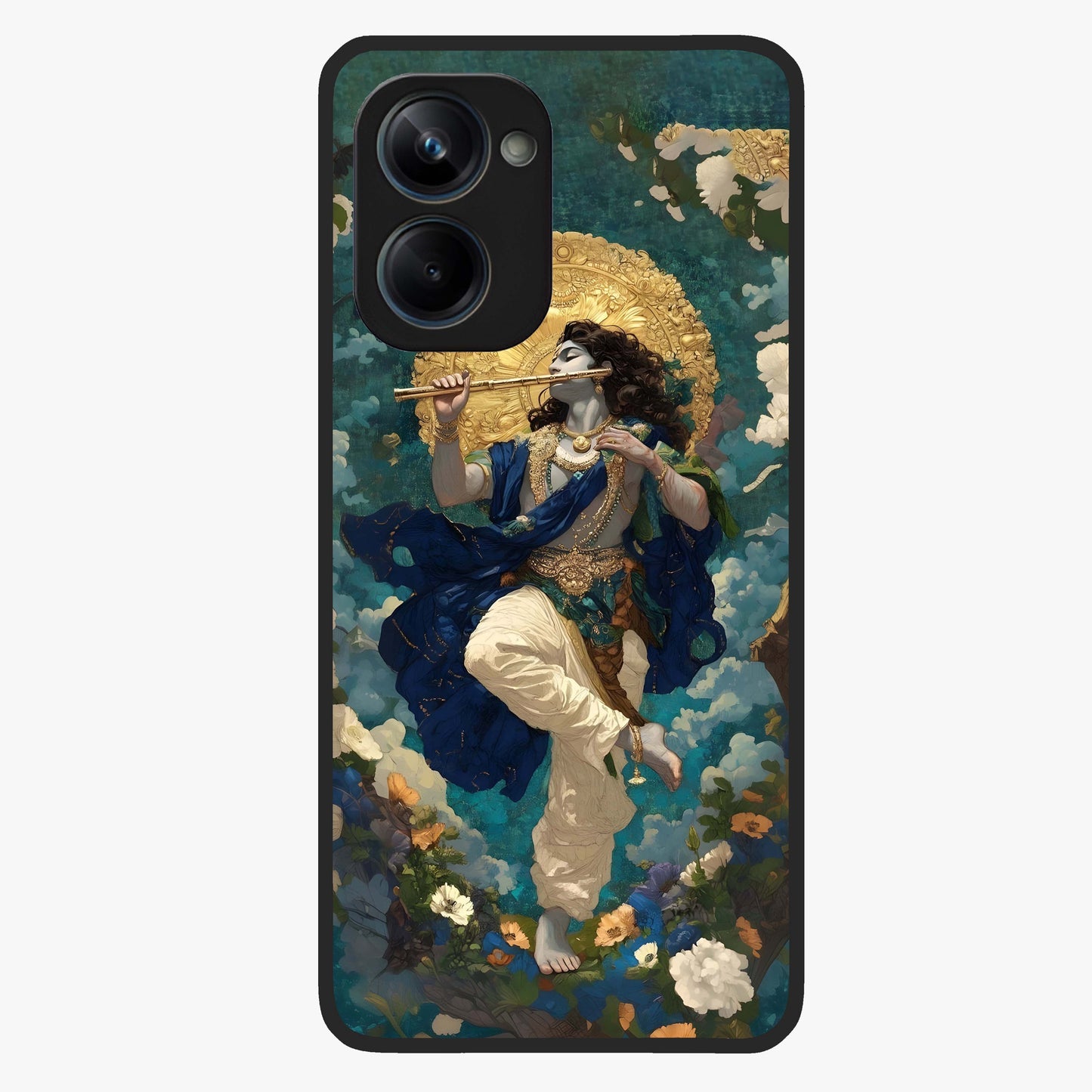 Divine Krishna Art Glass Case showing flat back view with Lord Krishna artwork and glossy glass finish.