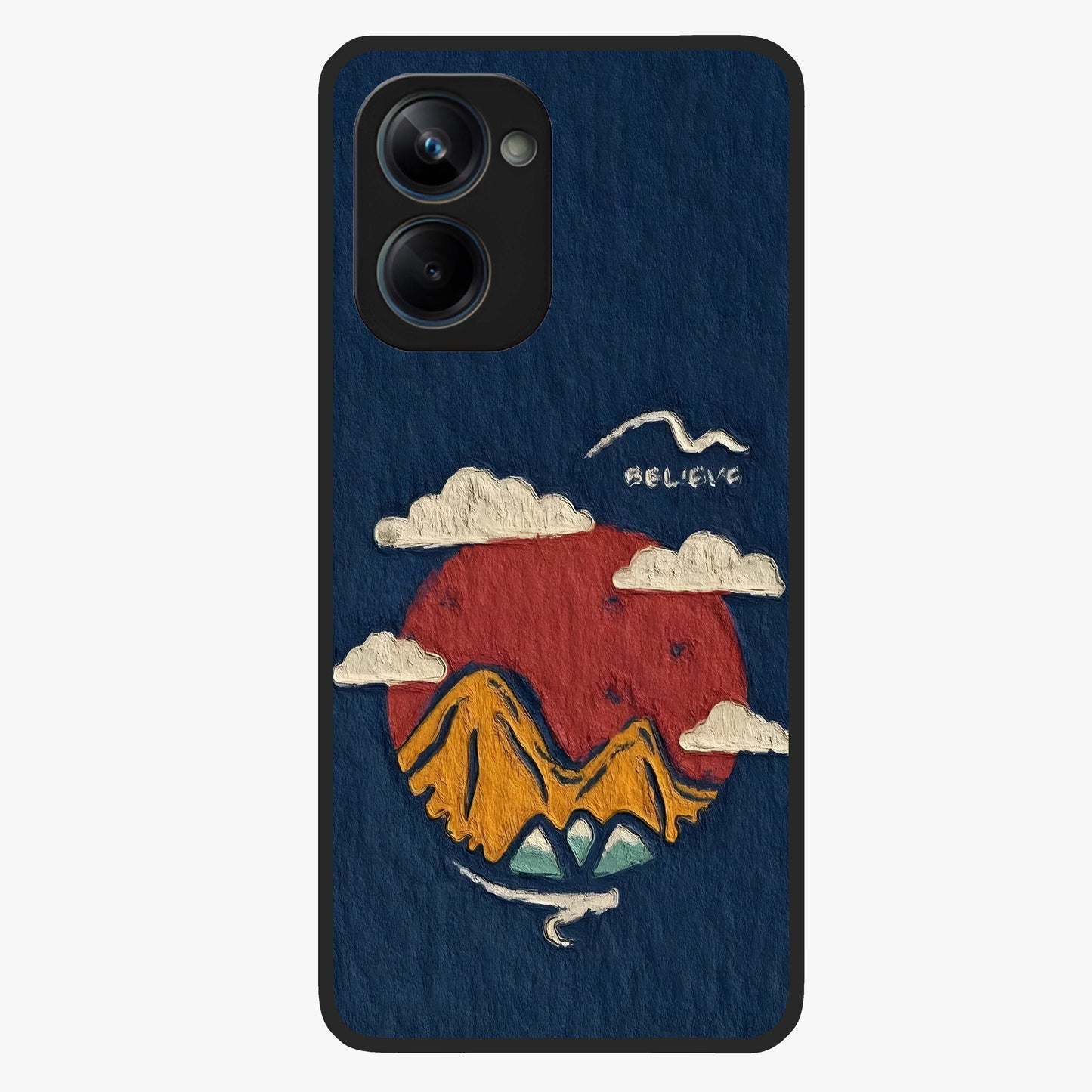 Dream Beyond Mountains Glass Case showing flat back view with scenic mountain landscape artwork and glossy glass finish.