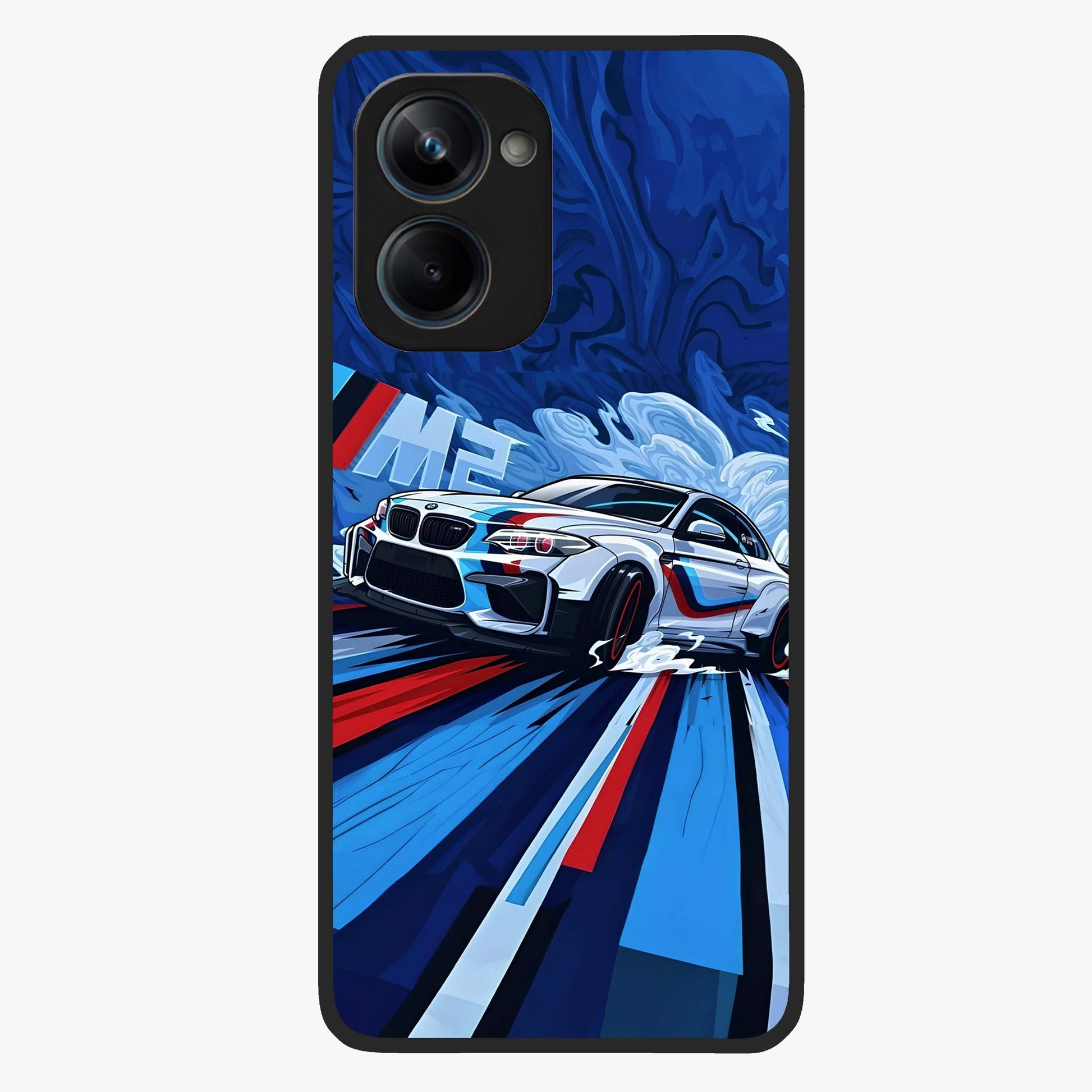 Drift Power Rush Glass Case showing flat back view with dynamic racing inspired artwork and glossy glass finish.