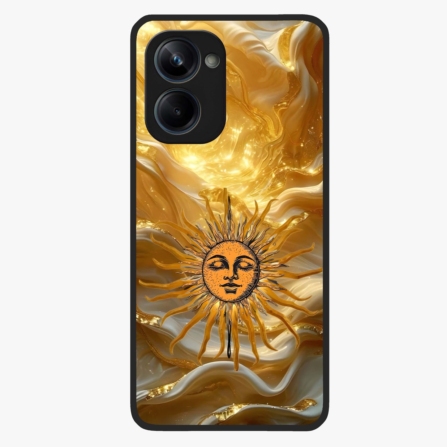 Eternal Golden Glow Glass Case showing flat back view with radiant golden themed artwork and glossy glass finish.
