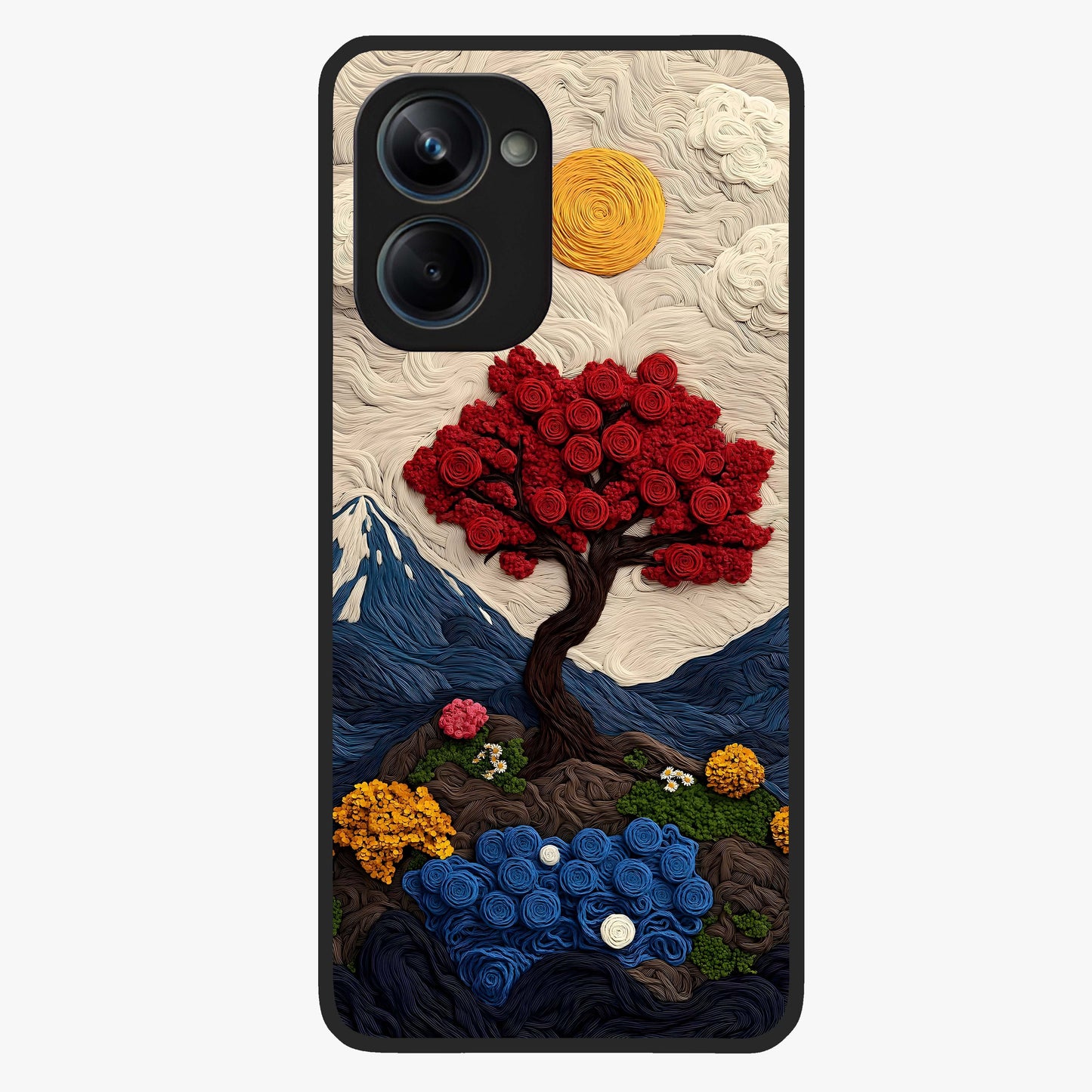 Eternal Nature Tapestry Glass Case showing flat back view with intricate nature tapestry artwork and glossy glass finish.