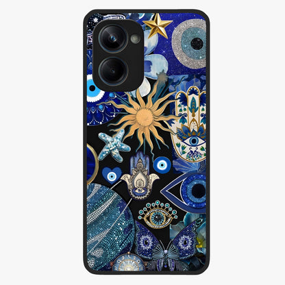 Evil Eye Charm Mix Glass Case showing flat back view with multiple evil eye charms artwork and glossy glass finish.