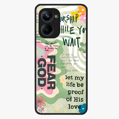 Faith Over Fear Glass Case showing flat back view with motivational typography artwork and glossy glass finish.