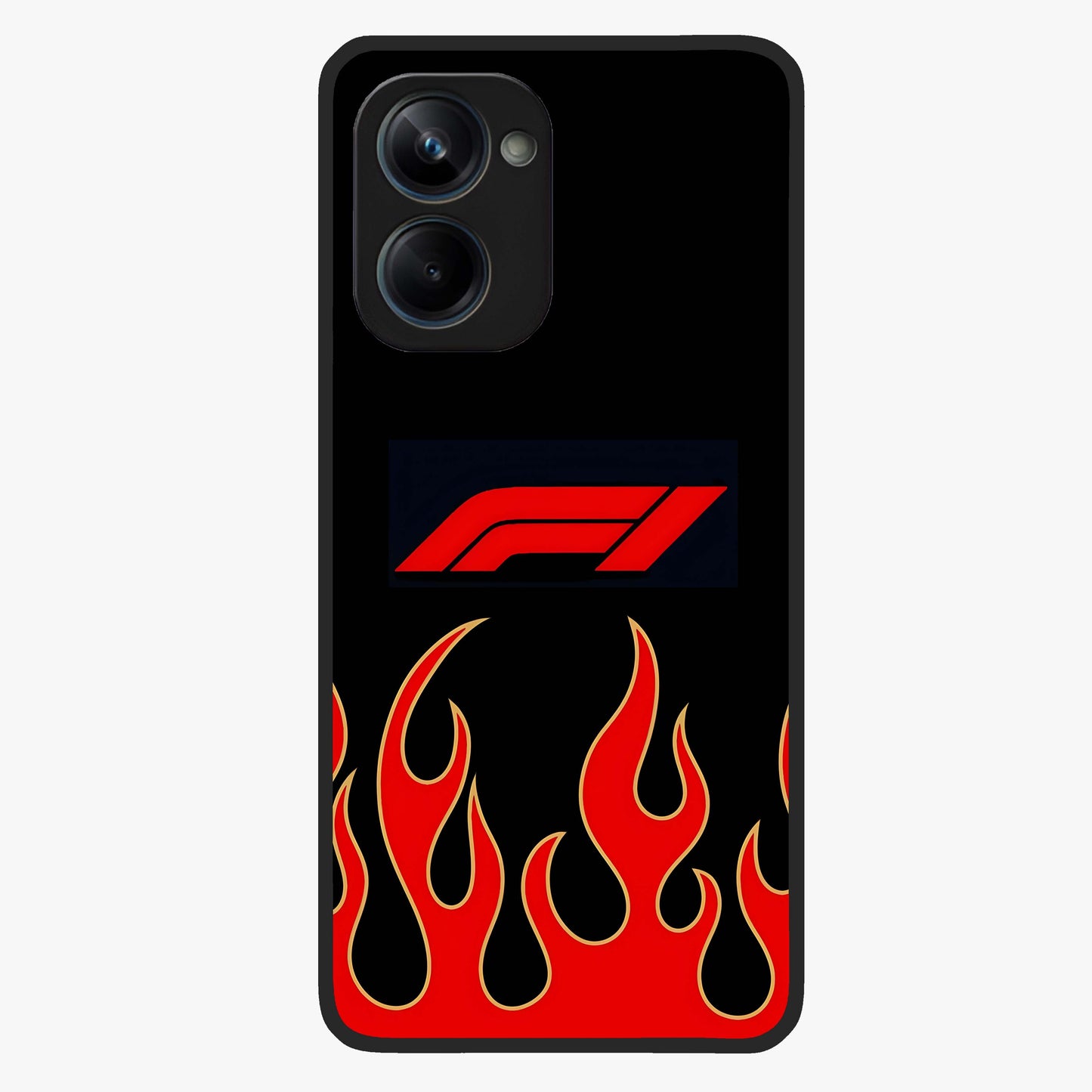 Fire F11 Glass Case showing flat back view with fiery themed artwork and glossy glass finish.
