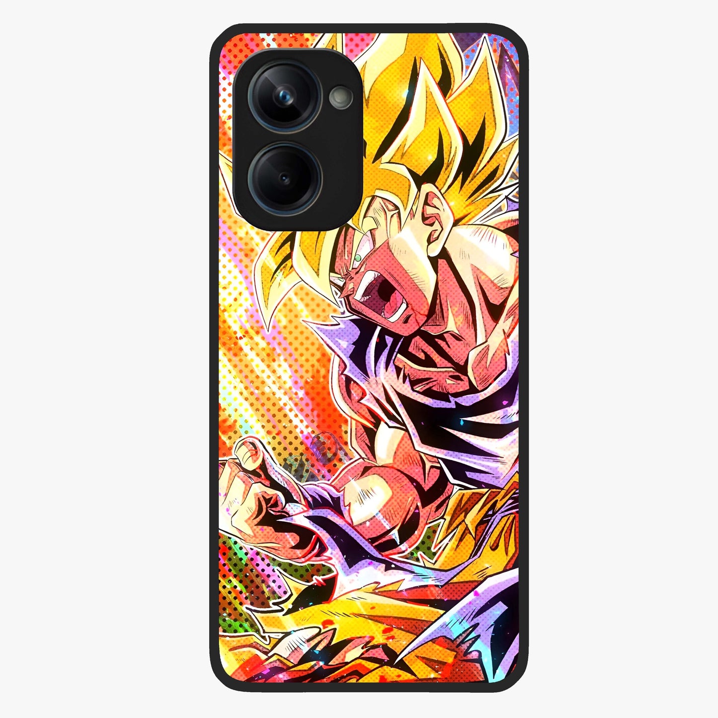 Firing Goku Glass Case showing flat back view with powerful anime inspired artwork and glossy glass finish.