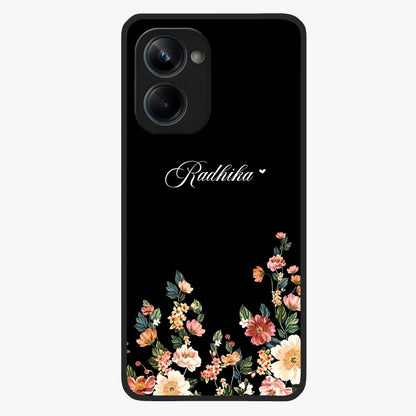 Floral Design With a Custom Personalized Name Glass Case showing flat back view with floral artwork and personalized name design.