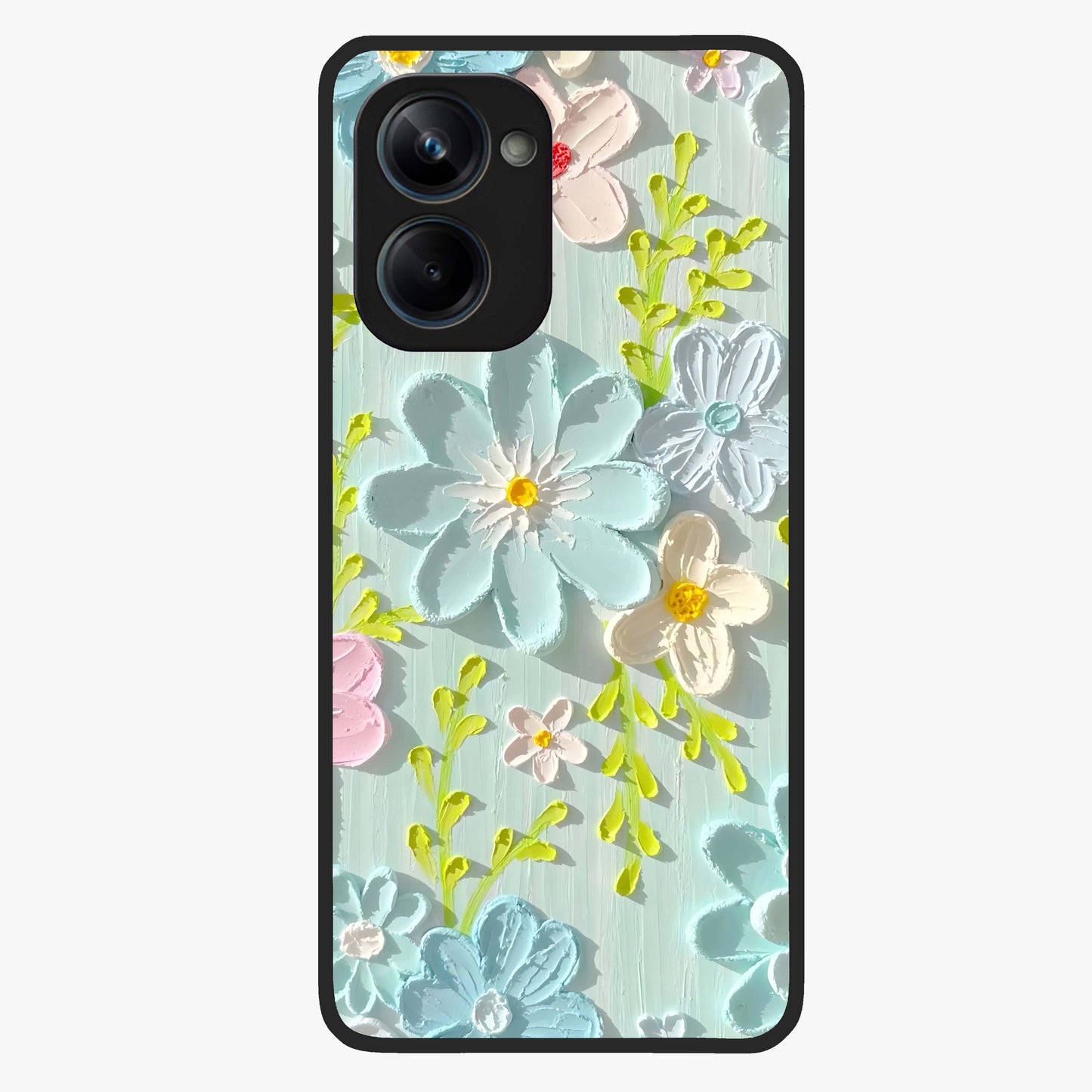 Frosted Petal Garden Glass Case showing flat back view with soft frosted floral artwork and glossy glass finish.