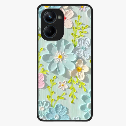 Frosted Petal Garden Glass Case showing flat back view with soft frosted floral artwork and glossy glass finish.