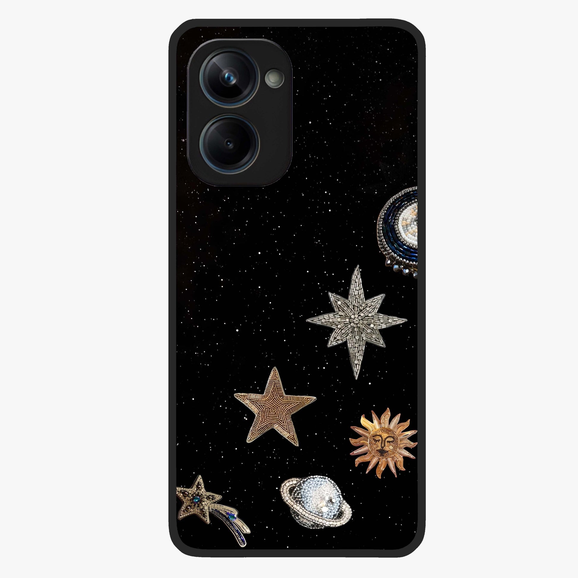 Galactic Charm Glow Glass Case showing flat back view with glowing celestial charm artwork and glossy glass finish.