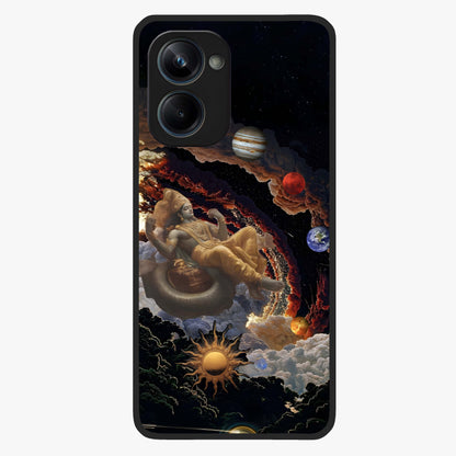 Galactic Divine God Glass Case showing flat back view with divine cosmic themed artwork and glossy glass finish.