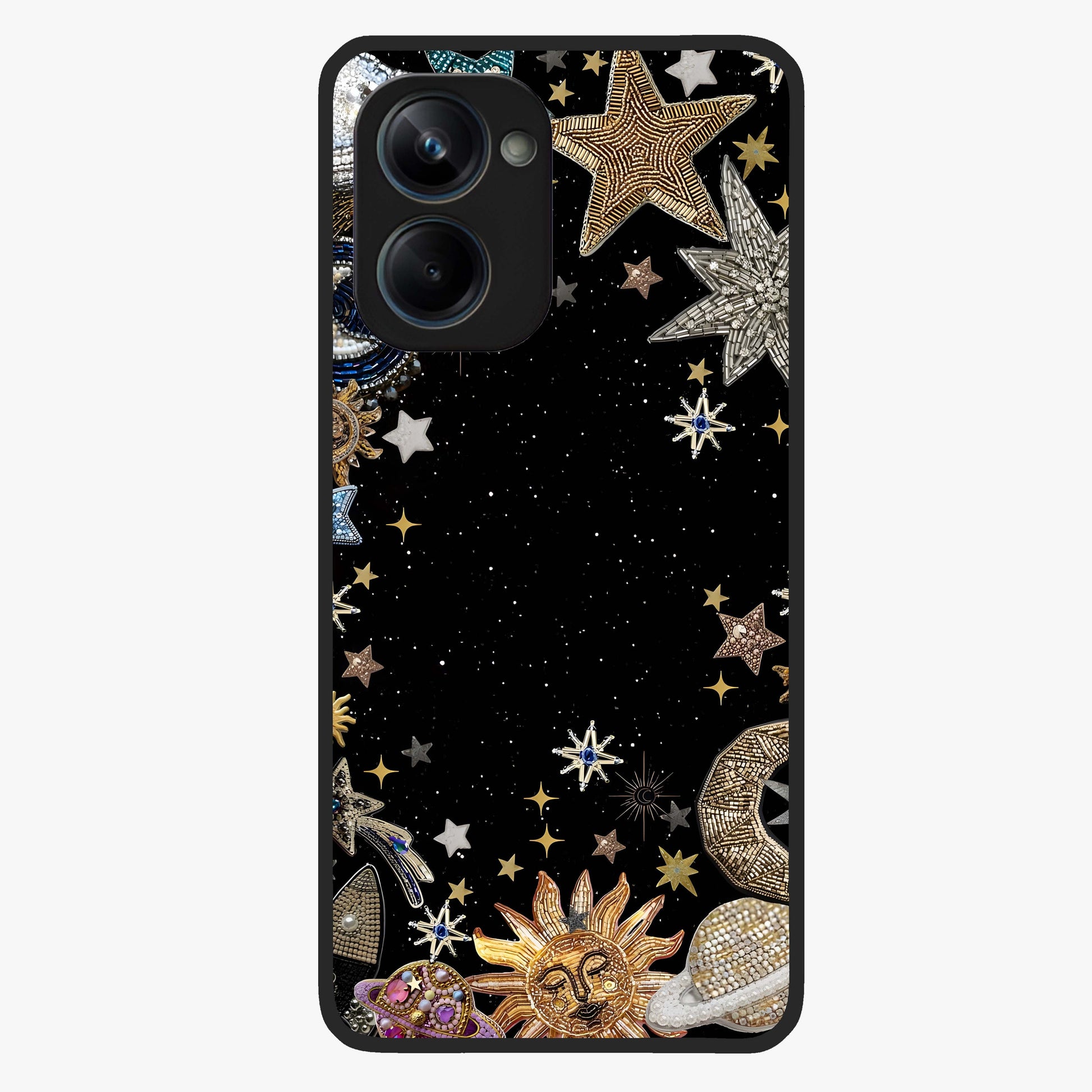 Galactic Jewel Stars Glass Case showing flat back view with sparkling star jewel artwork and glossy glass finish.
