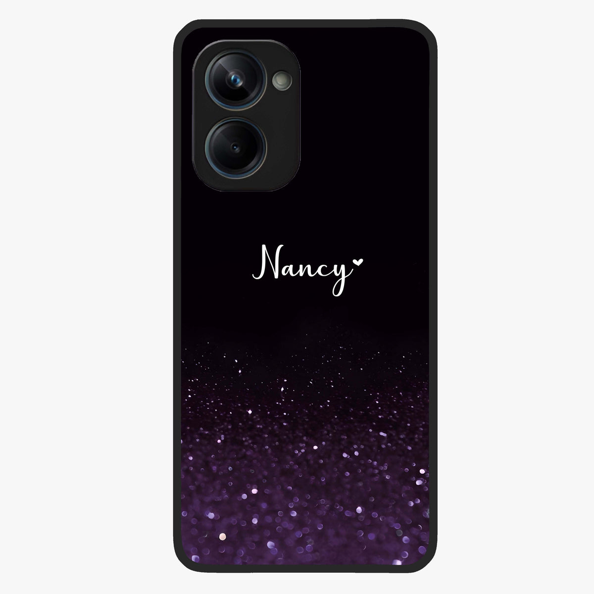 Glittery Purple Bokeh Custom Name Glass Case showing flat back view with purple bokeh sparkle artwork and personalized name design.