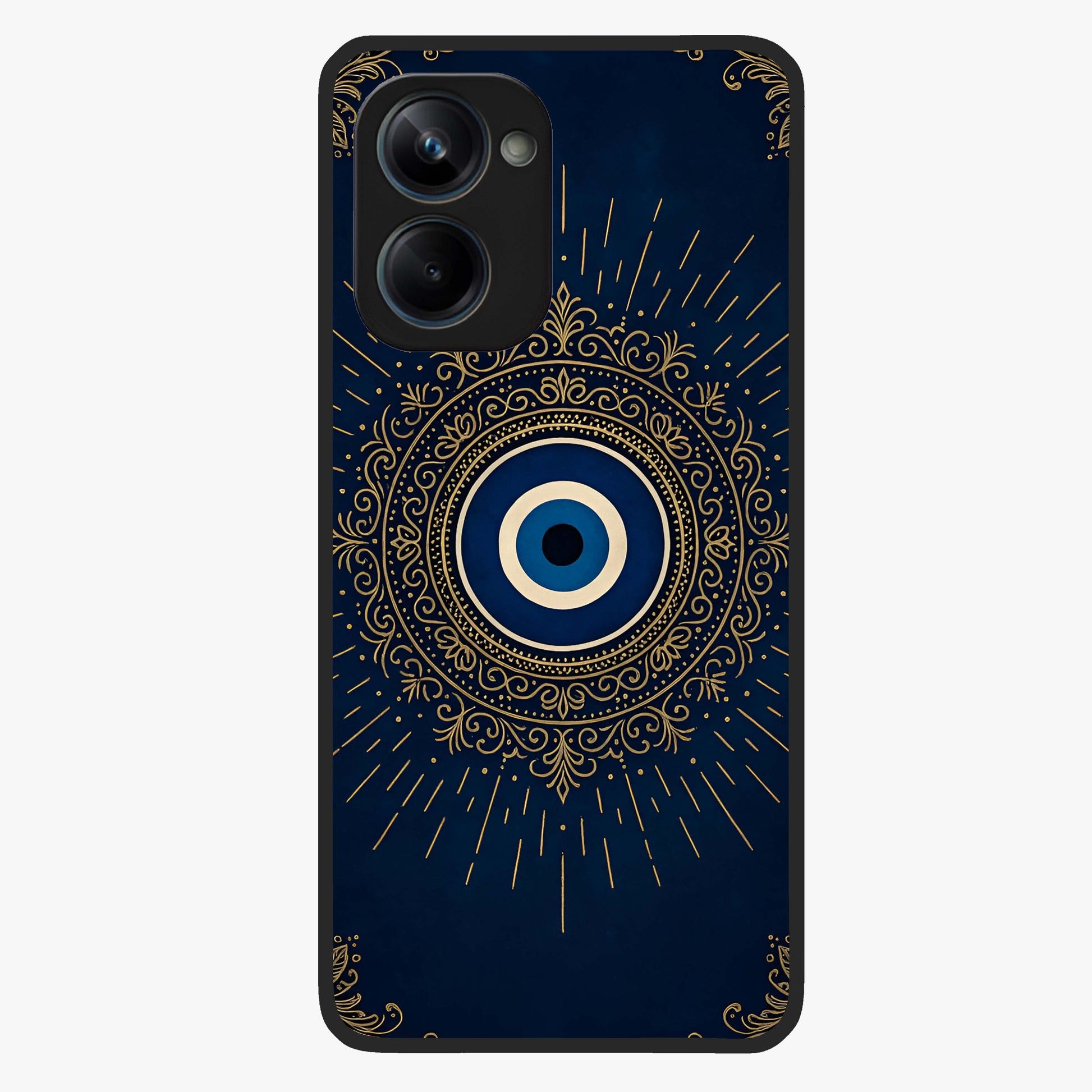 Golden Evil Eye Mandala Glass Case showing flat back view with intricate evil eye mandala artwork and glossy glass finish.