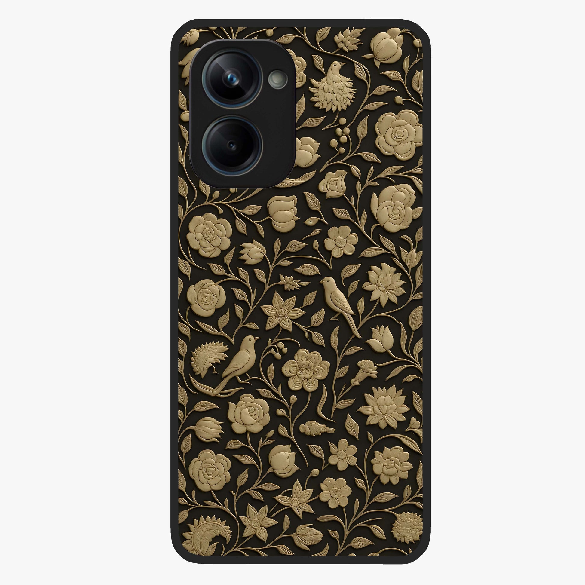 Golden Floral Majesty Glass Case showing flat back view with luxurious golden floral artwork and glossy glass finish.
