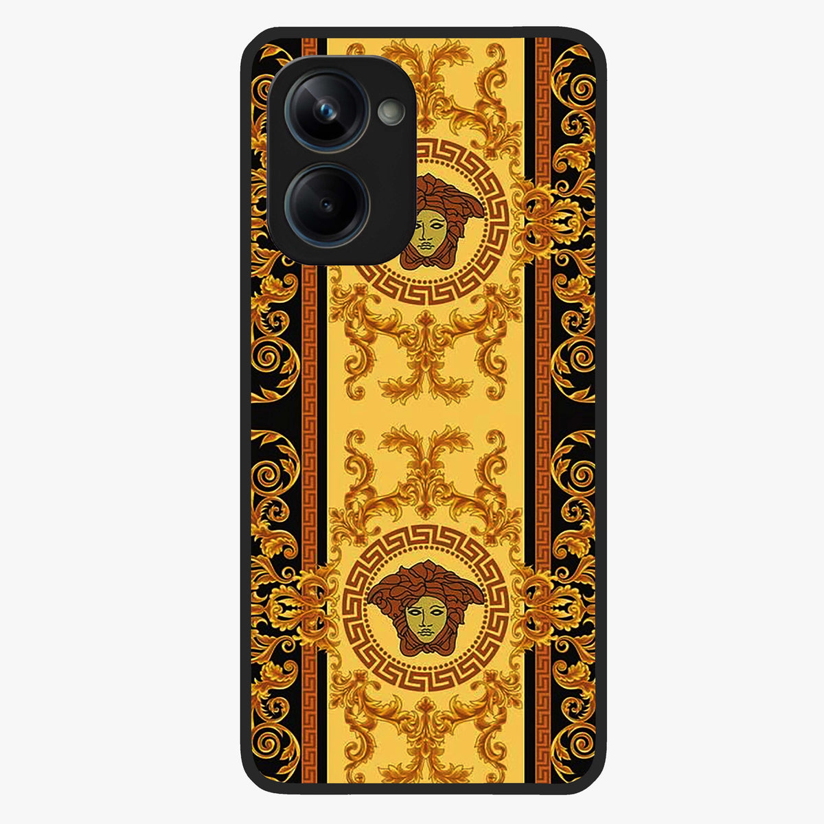Golden Royal Heritage Glass Case showing flat back view with ornate royal pattern artwork and glossy glass finish.