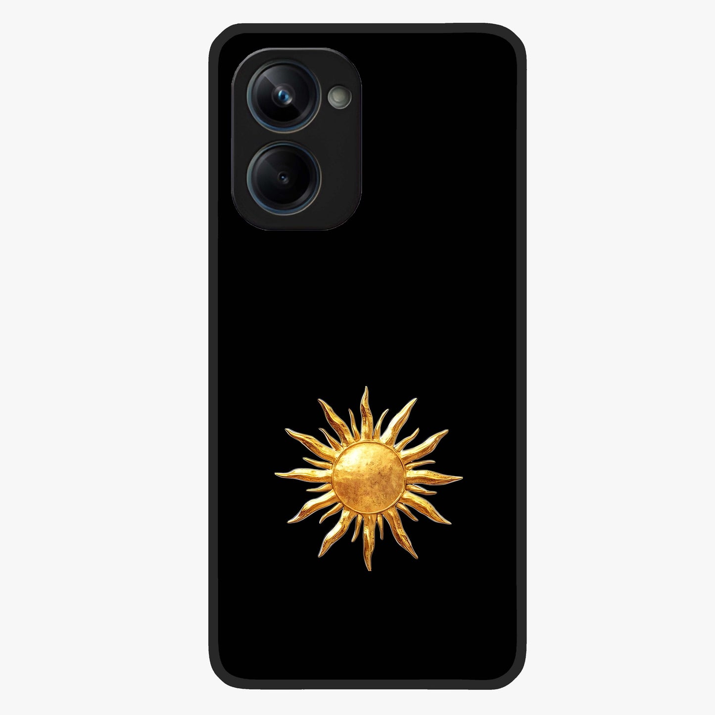 Golden Sun Minimalism Glass Case showing flat back view with minimal golden sun artwork and glossy glass finish.