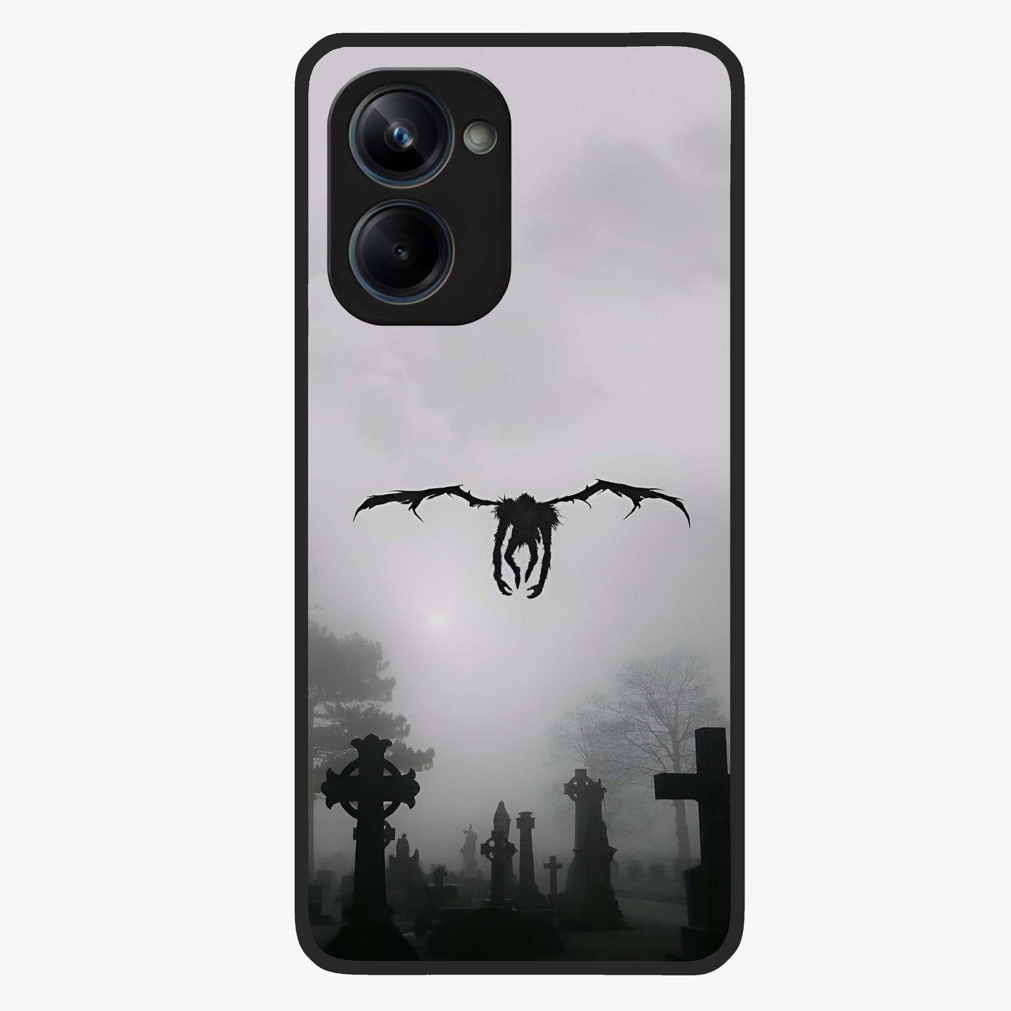 Graveyard Shadow Descent Glass Case showing flat back view with dark graveyard themed artwork and glossy glass finish.