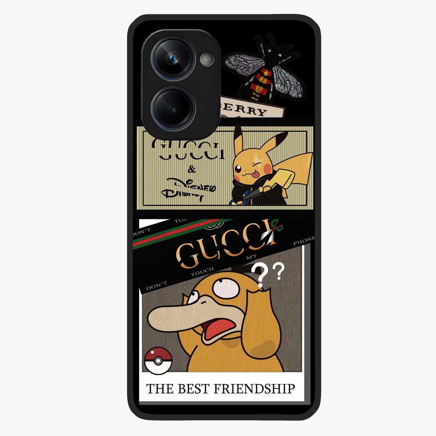 Gucci Play Mashup Glass Case showing flat back view with luxury inspired graphic artwork and glossy glass finish.