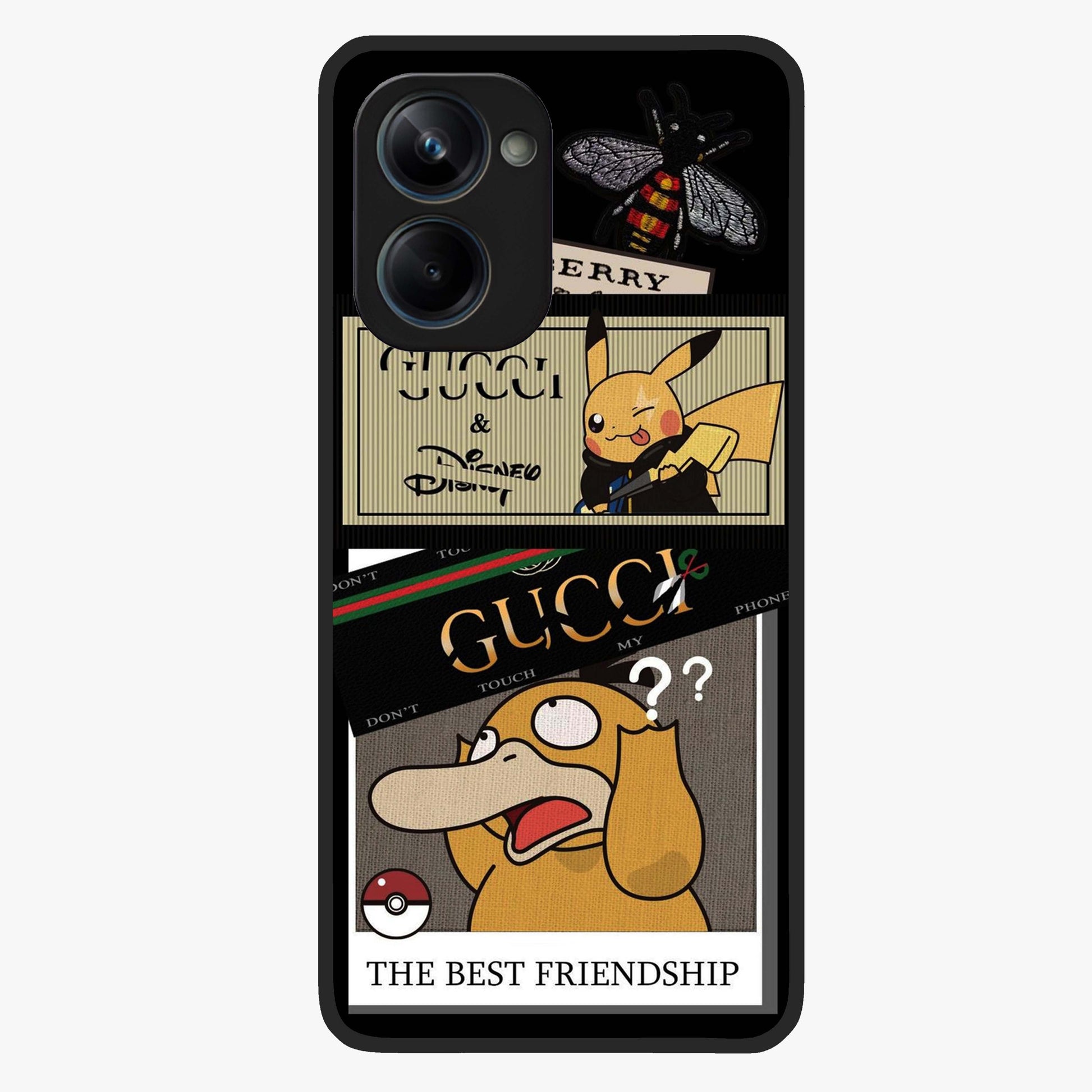 Gucci Play Mashup Glass Case showing flat back view with luxury inspired graphic artwork and glossy glass finish.