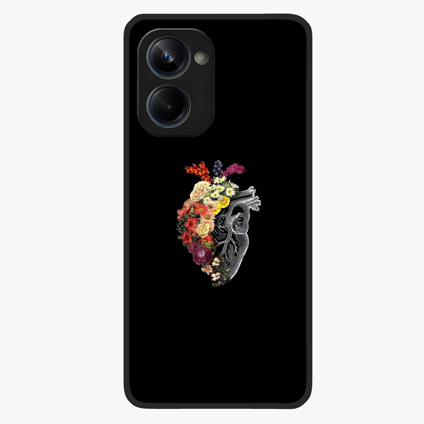Heart With Flowers Glass Case showing flat back view with heart shaped floral artwork and glossy glass finish.