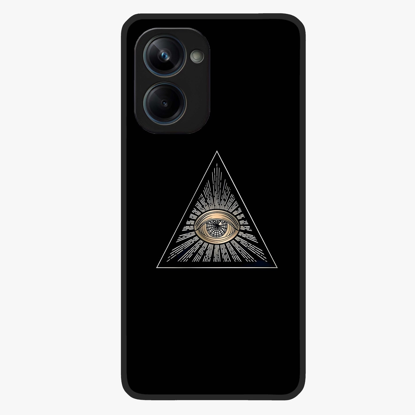 Illuminati Evil Glass Case showing flat back view with mysterious illuminati symbol artwork and glossy glass finish.