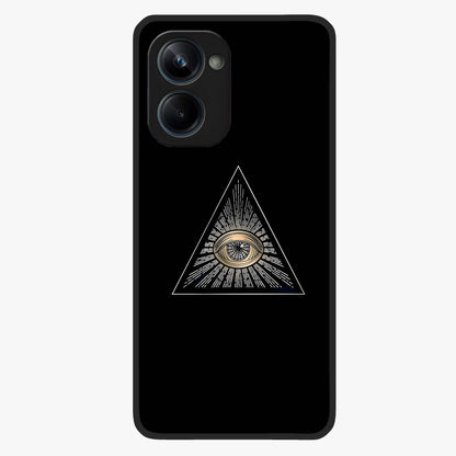 Illuminati Evil Glass Case showing flat back view with mysterious illuminati symbol artwork and glossy glass finish.