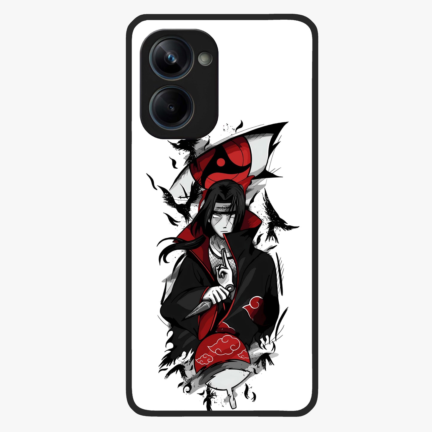 Itachi Sharingan Glass Case showing flat back view with powerful anime eye artwork and glossy glass finish.
