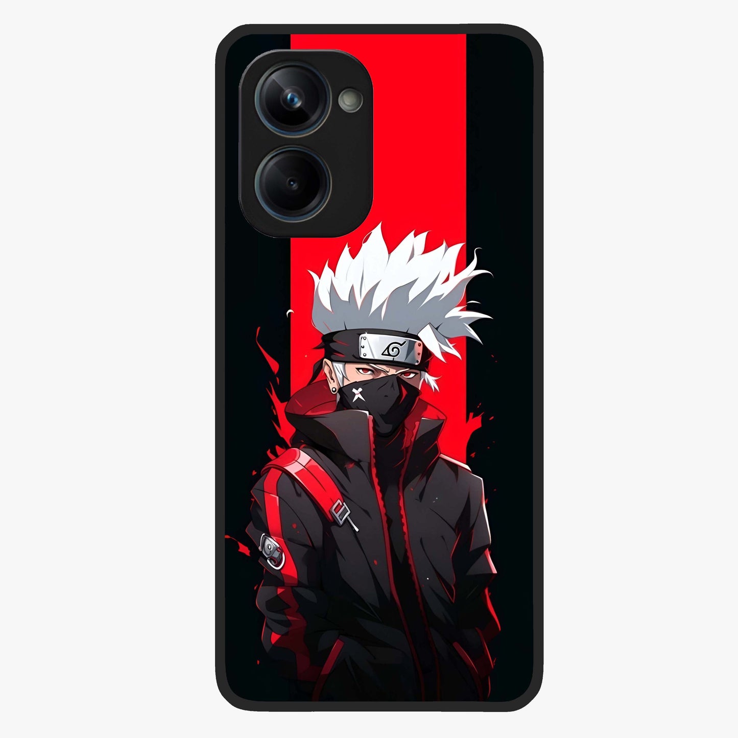 Kakashi Scarlet Shadow Glass Case showing flat back view with powerful anime ninja artwork and glossy glass finish.