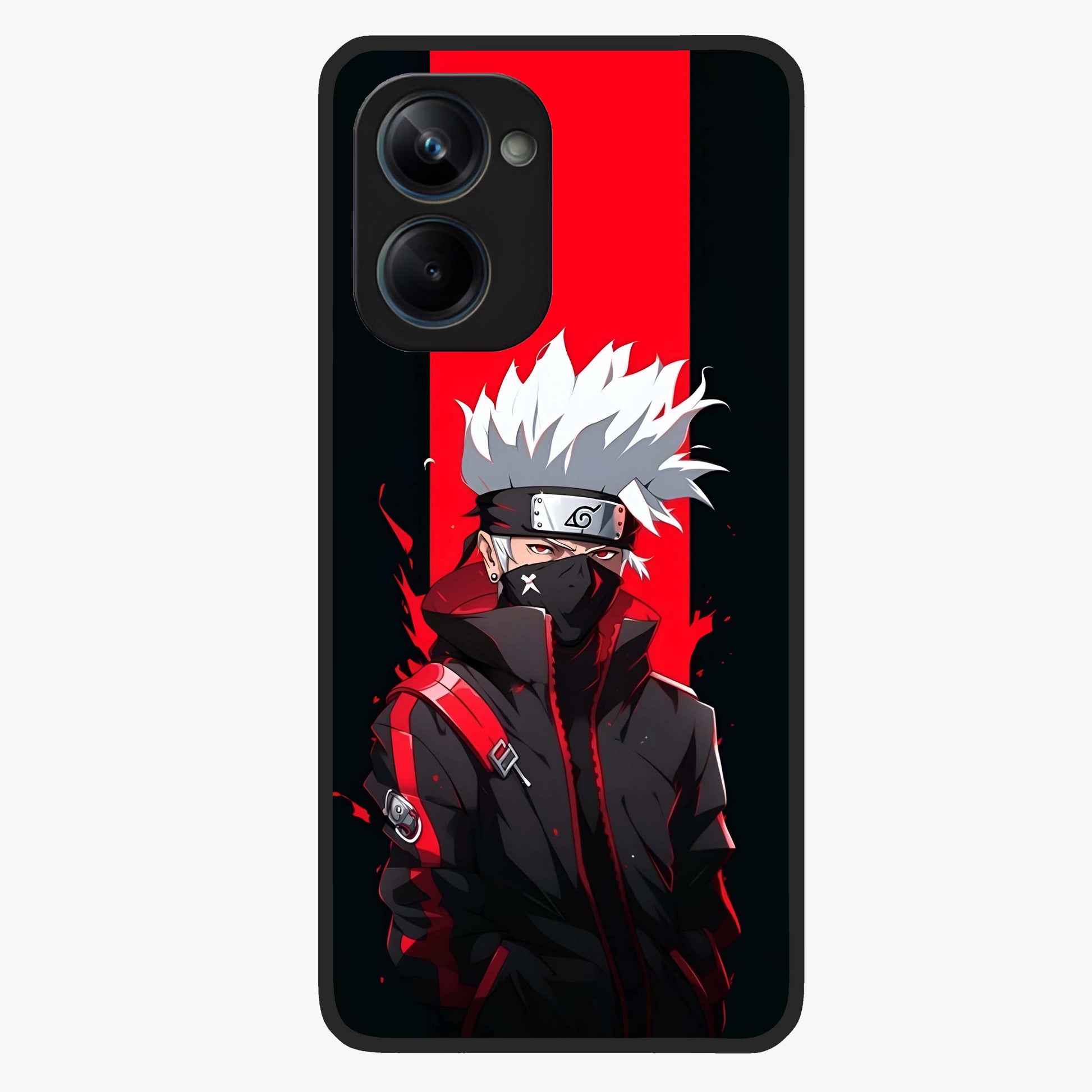 Kakashi Scarlet Shadow Glass Case showing flat back view with powerful anime ninja artwork and glossy glass finish.
