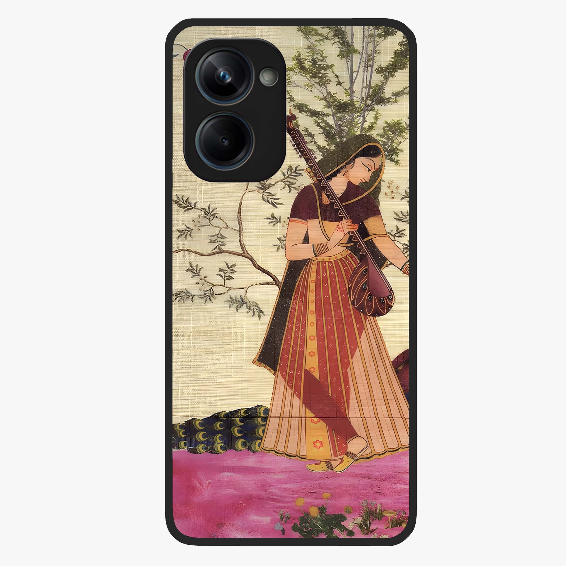 Lady With Veena Art Glass Case showing flat back view with elegant woman playing veena artwork and glossy glass finish.