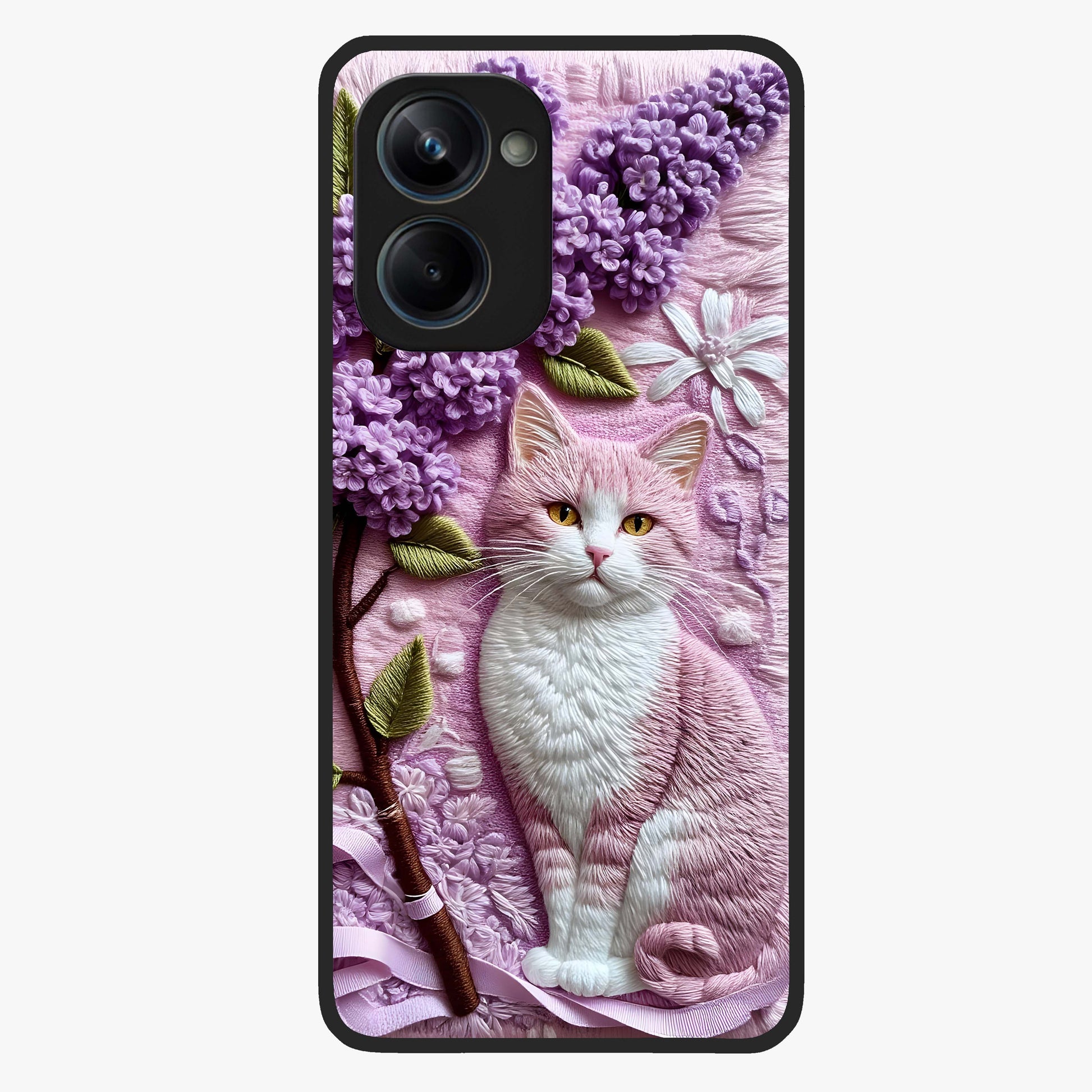 Lavender Cat Whimsy Glass Case showing flat back view with cute lavender cat artwork and glossy glass finish.