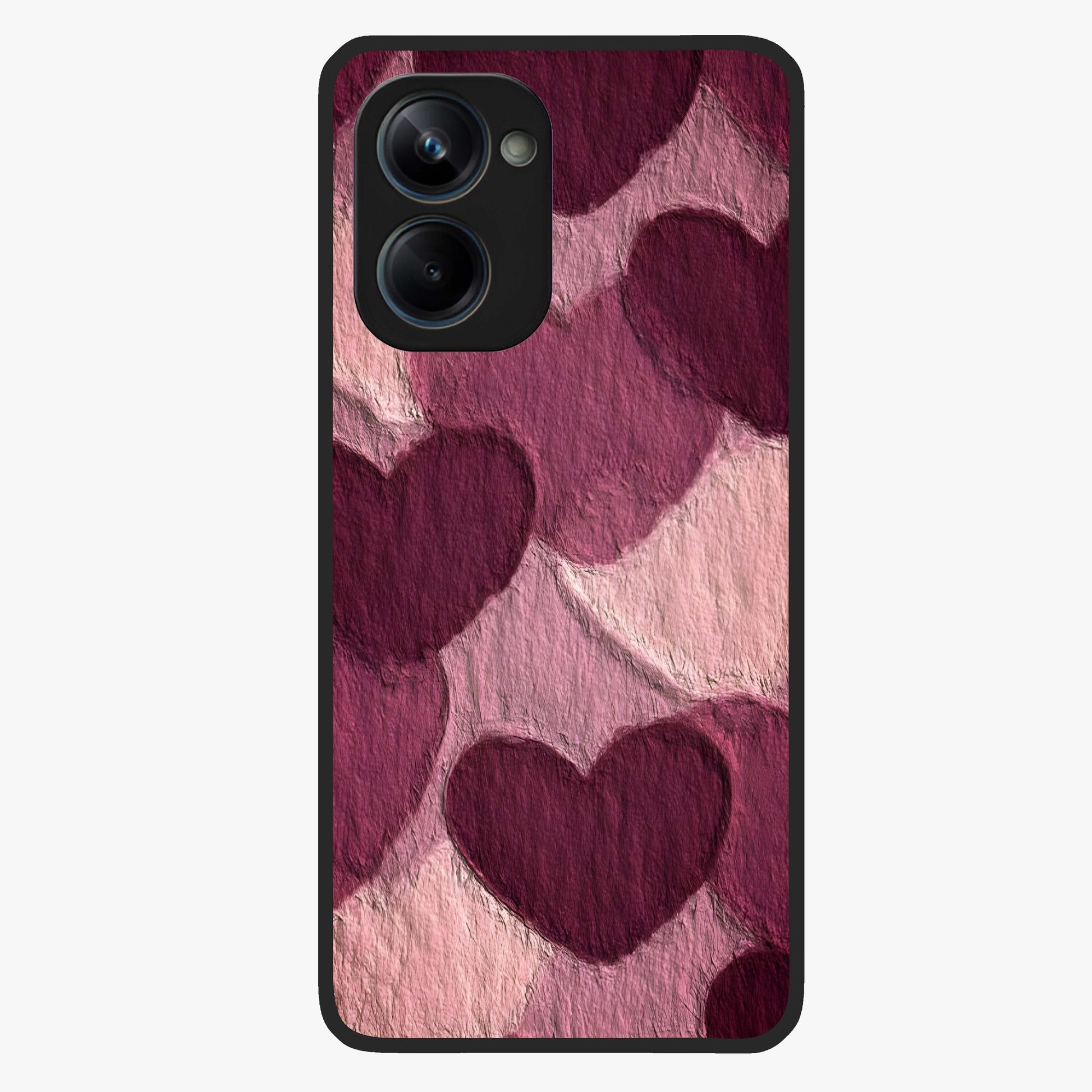 Layered Paper Hearts Glass Case showing flat back view with layered paper heart artwork and glossy glass finish.