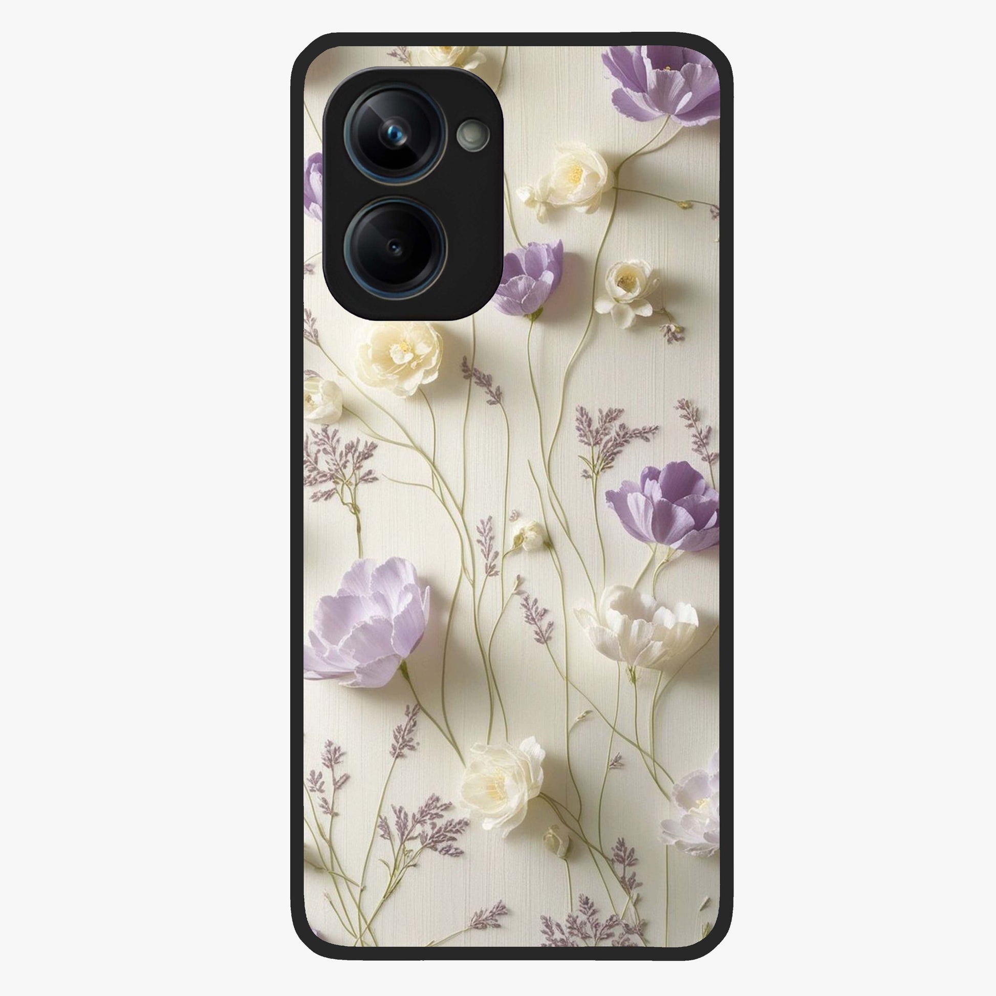 Lilac Breeze Harmony Glass Case showing flat back view with soft lilac themed artwork and glossy glass finish.
