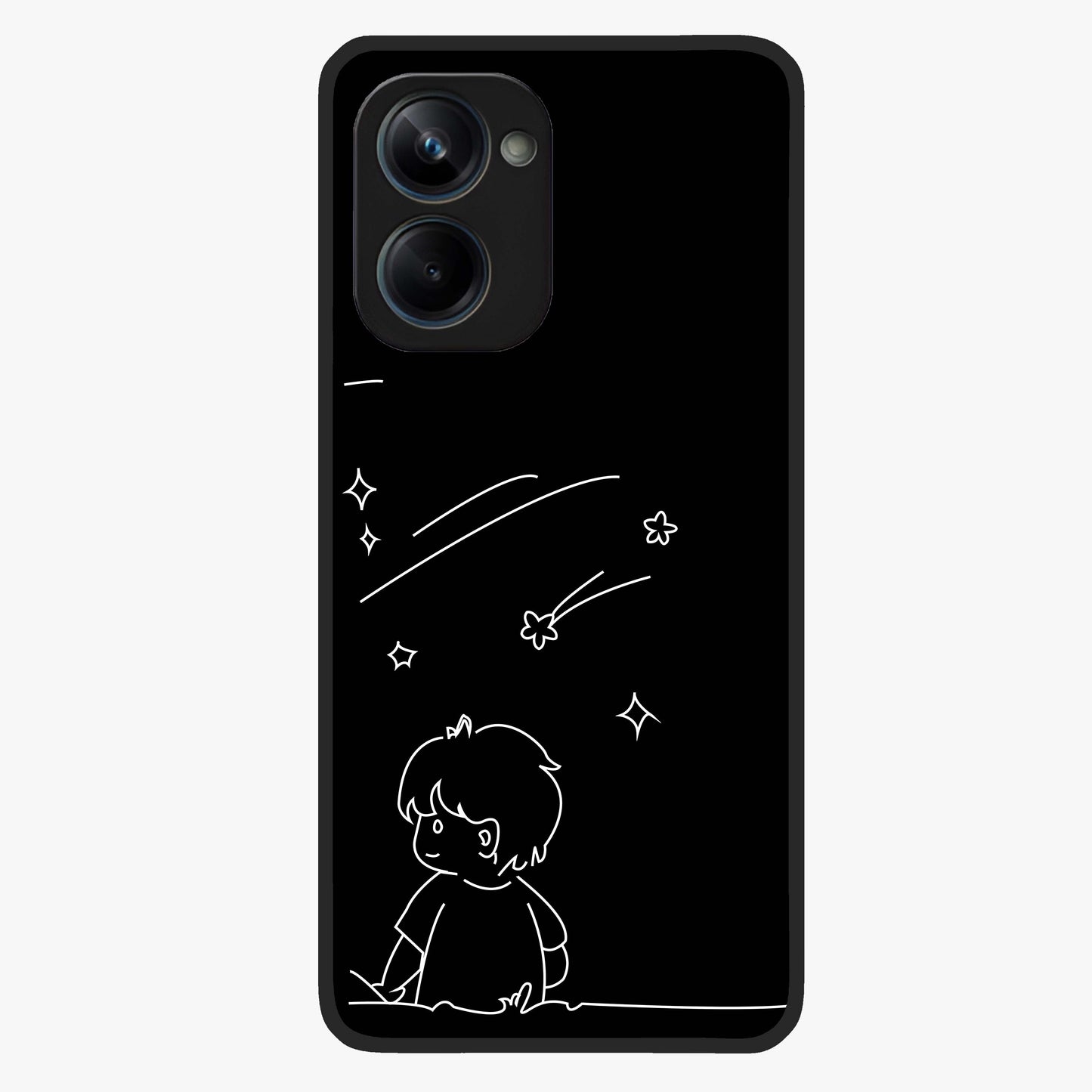 Line Art Boy With Shooting Stars Glass Case showing flat back view with minimal line art boy and shooting stars illustration and glossy glass finish.
