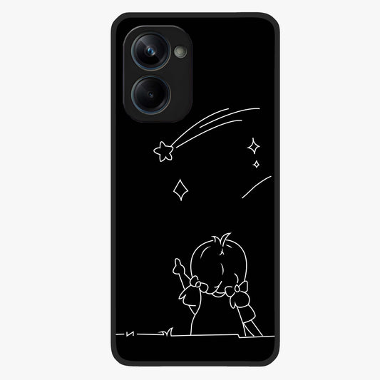 Line Art Girl With Shooting Stars Glass Case showing flat back view with minimal line art girl and shooting stars illustration and glossy glass finish.