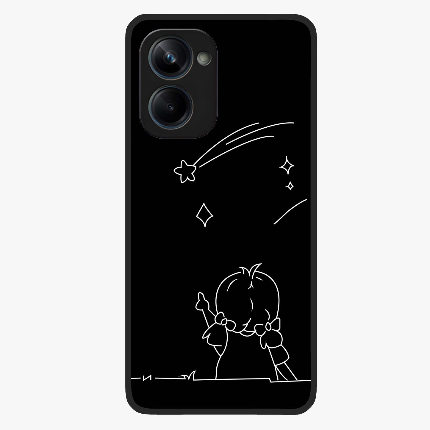 Line Art Girl With Shooting Stars Glass Case showing flat back view with minimal line art girl and shooting stars illustration and glossy glass finish.