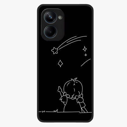 Line Art Girl With Shooting Stars Glass Case showing flat back view with minimal line art girl and shooting stars illustration and glossy glass finish.