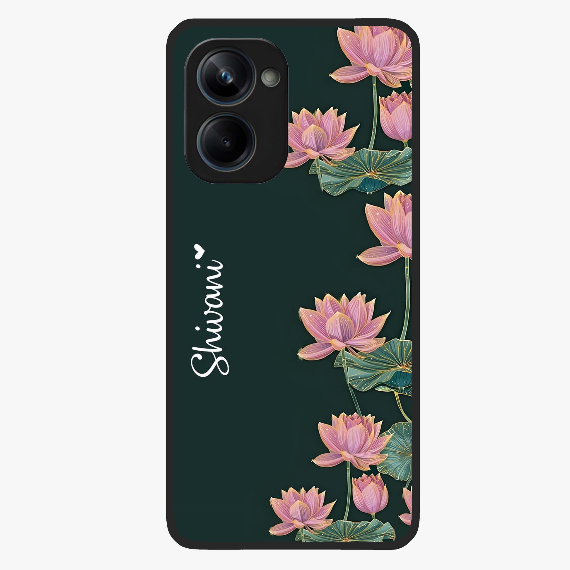 Lotus Bloom Serenity Custom Name Glass Case showing flat back view with elegant lotus flower artwork and personalized name design.