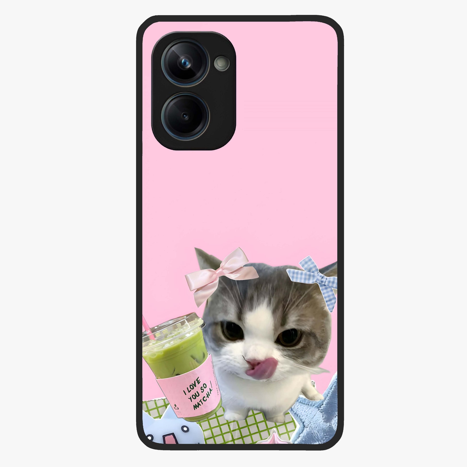 Love Matcha Cat Glass Case showing flat back view with cute cat and matcha themed artwork and glossy glass finish.