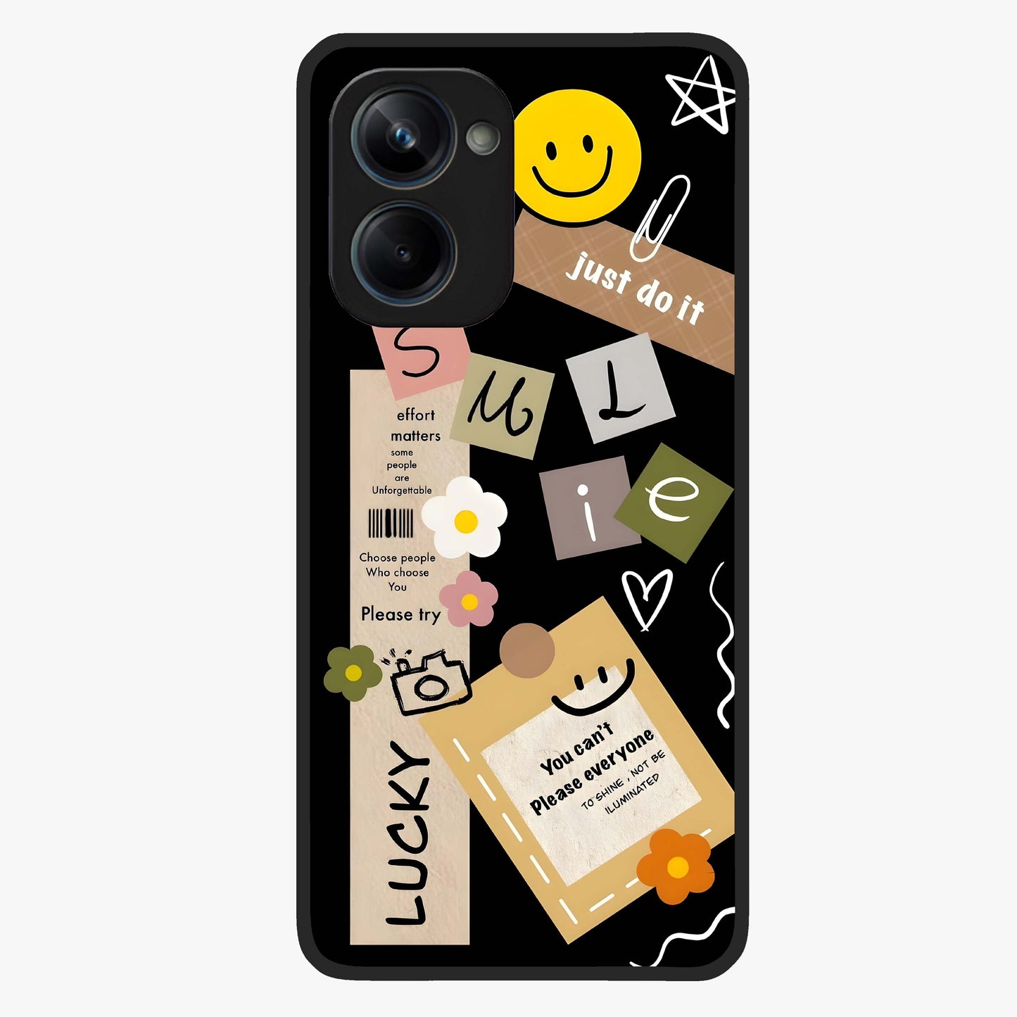 Lucky Aesthetic Collage Glass Case showing flat back view with trendy aesthetic collage artwork and glossy glass finish.