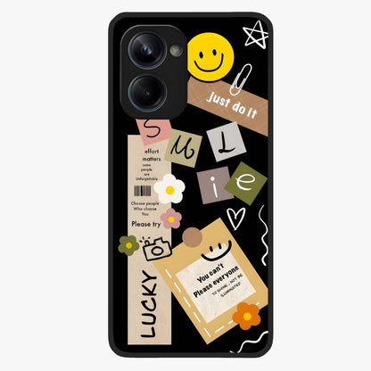 Lucky Aesthetic Collage Glass Case showing flat back view with trendy aesthetic collage artwork and glossy glass finish.
