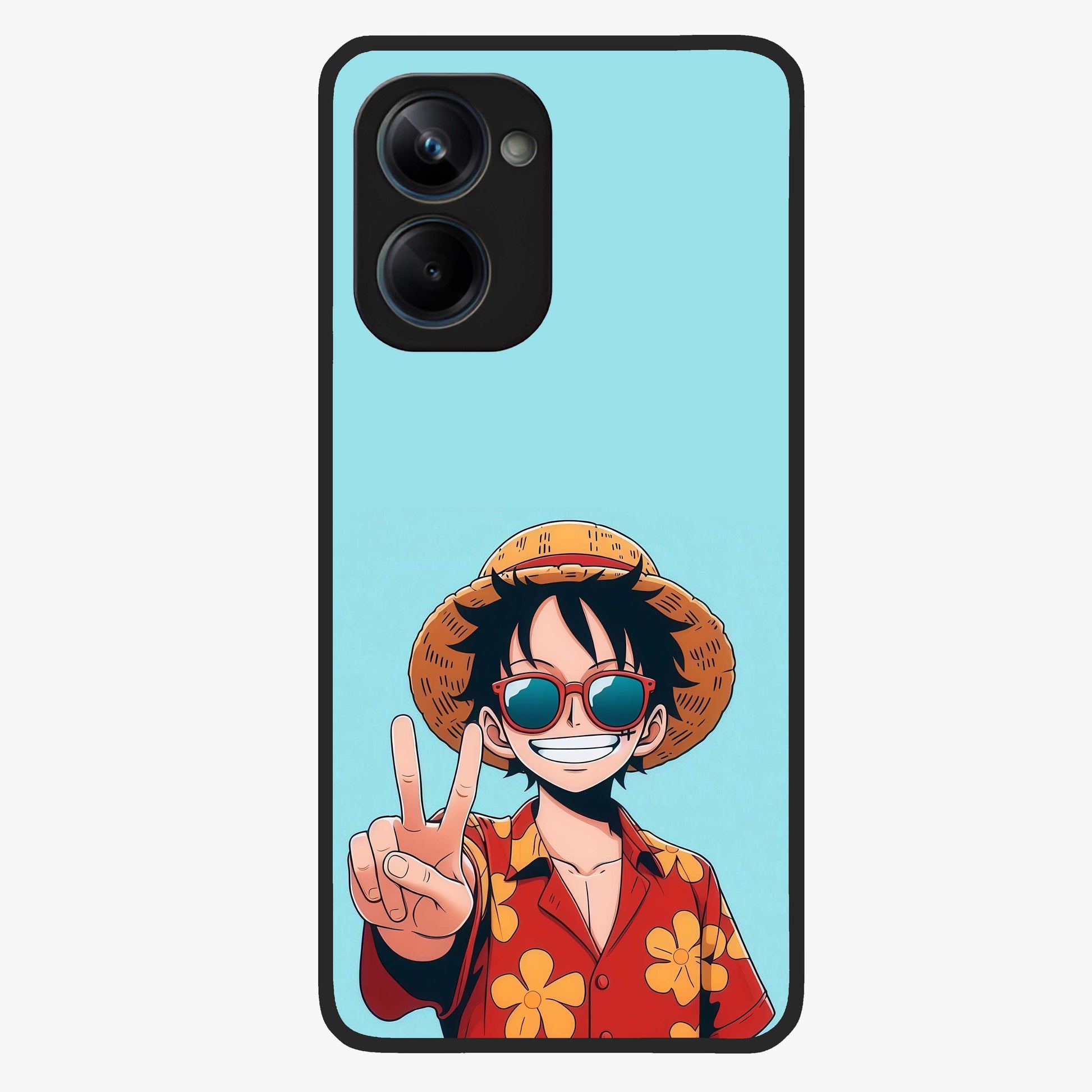 Luffy Summer Anime Vibe Glass Case showing flat back view with vibrant anime character artwork and glossy glass finish.