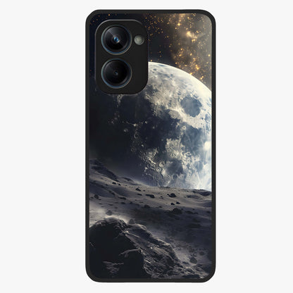 Lunar Horizon Glow Glass Case showing flat back view with glowing moon horizon artwork and glossy glass finish.