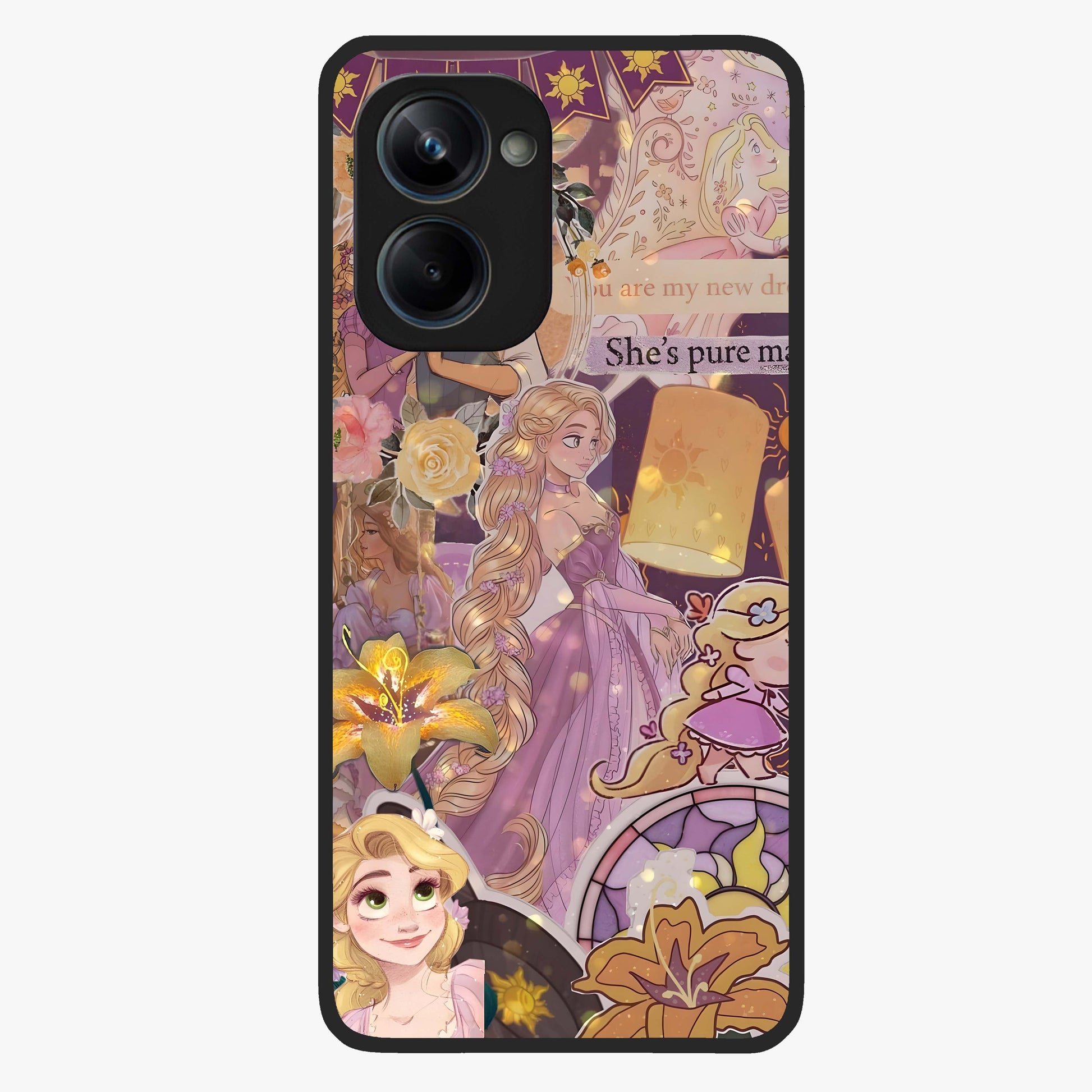 Magical Tangled Dream Glass Case showing flat back view with dreamy tangled artwork and glossy glass finish.