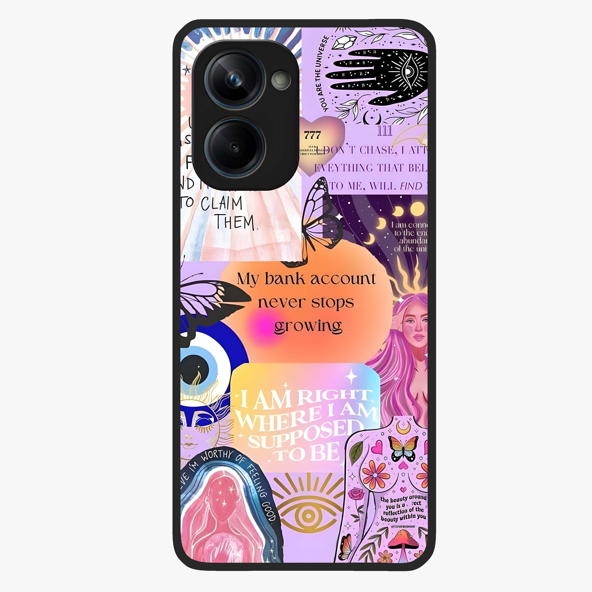 Manifestation Collage Glass Case showing flat back view with motivational collage artwork and glossy glass finish.