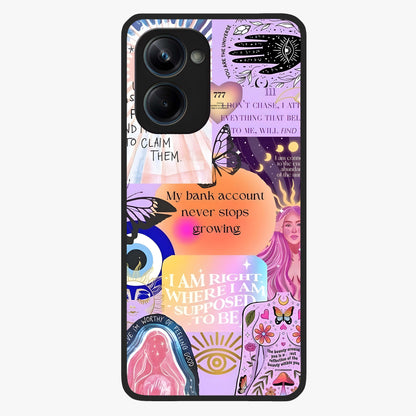 Manifestation Collage Glass Case showing flat back view with motivational collage artwork and glossy glass finish.